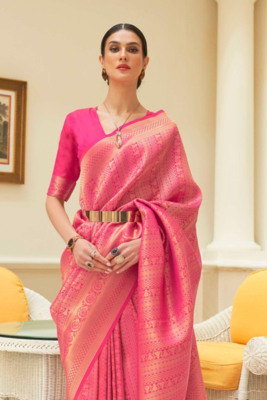 Pink Kishika silk bland Banarasi style zari weaving saree with Blouse 2