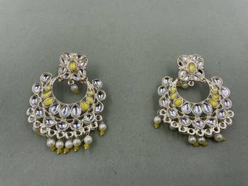 Gold Plated Stylish Yellow Pearls Kundan Studded Jhumki Earrings 1