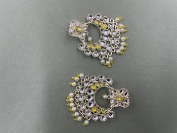 Gold Plated Stylish Yellow Pearls Kundan Studded Jhumki Earrings 2