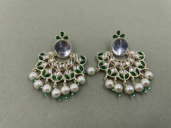 Gold Plated Green Kundan Pearls Floral Jhumki Earrings 1