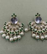 Gold Plated Green Kundan Pearls Floral Jhumki Earrings