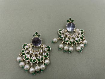 Gold Plated Green Kundan Pearls Floral Jhumki Earrings 2
