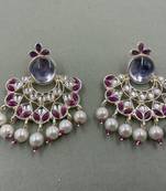 Gold Plated Purple Kundan Pearls Floral Jhumki Earrings
