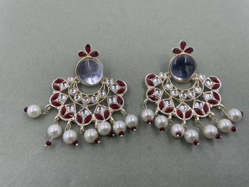Gold Plated Maroon Kundan Pearls Floral Jhumki Earrings 1