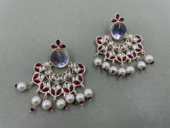 Gold Plated Maroon Kundan Pearls Floral Jhumki Earrings 2