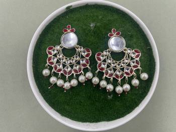 Gold Plated Maroon Kundan Pearls Floral Jhumki Earrings 4