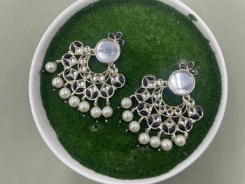 Gold Plated Black Kundan Pearls Floral Jhumki Earrings 1