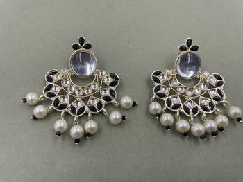 Gold Plated Black Kundan Pearls Floral Jhumki Earrings 2