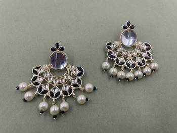 Gold Plated Black Kundan Pearls Floral Jhumki Earrings 3