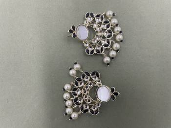 Gold Plated Black Kundan Pearls Floral Jhumki Earrings 4