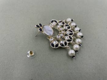 Gold Plated Black Kundan Pearls Floral Jhumki Earrings 5