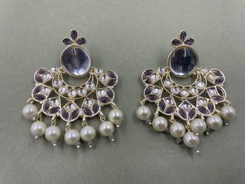 Gold Plated Purple Kundan Pearls Floral Jhumki Earrings 1
