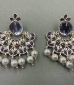 Gold Plated Purple Kundan Pearls Floral Jhumki Earrings