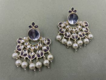 Gold Plated Purple Kundan Pearls Floral Jhumki Earrings 2