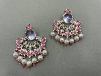 Gold Plated Pink Kundan Pearls Floral Jhumki Earrings 3