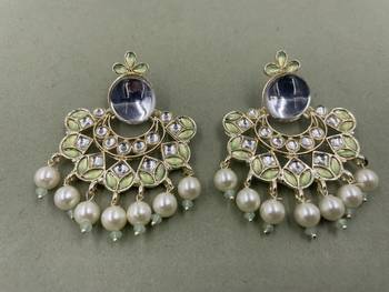 Gold Plated Mint Green Kundan Pearls Floral Jhumki Earrings 1