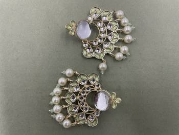 Gold Plated Mint Green Kundan Pearls Floral Jhumki Earrings 3