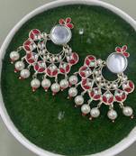 Gold Plated Red Kundan Pearls Floral Jhumki Earrings