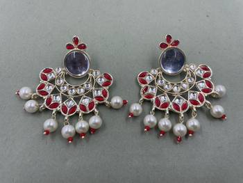 Gold Plated Red Kundan Pearls Floral Jhumki Earrings 2