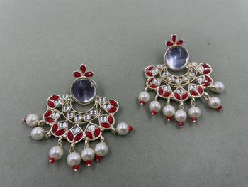 Gold Plated Red Kundan Pearls Floral Jhumki Earrings 3
