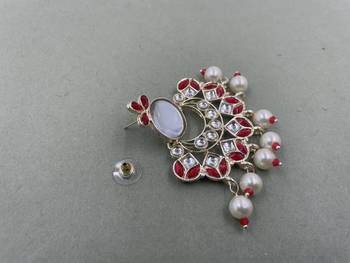 Gold Plated Red Kundan Pearls Floral Jhumki Earrings 5