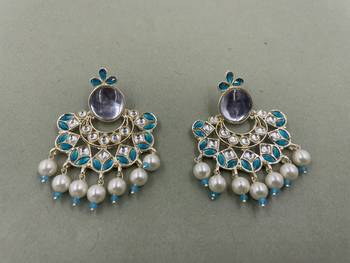 Gold Plated Sky Blue Kundan Pearls Floral Jhumki Earrings 1