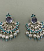 Gold Plated Sky Blue Kundan Pearls Floral Jhumki Earrings