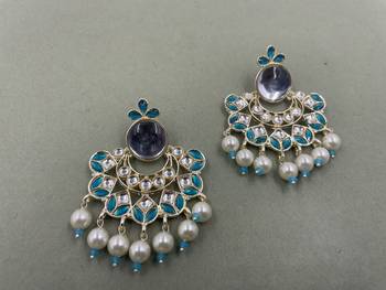 Gold Plated Sky Blue Kundan Pearls Floral Jhumki Earrings 2