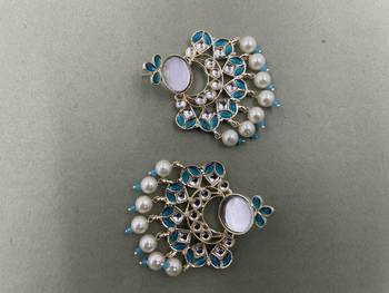 Gold Plated Sky Blue Kundan Pearls Floral Jhumki Earrings 3