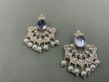 Gold Plated White Kundan Pearls Floral Jhumki Earrings 1
