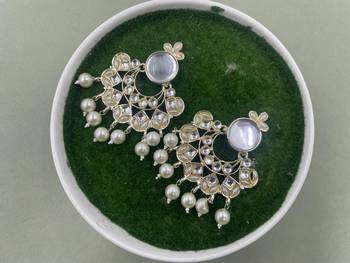 Gold Plated White Kundan Pearls Floral Jhumki Earrings 3