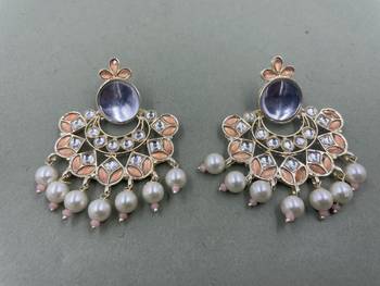 Gold Plated Peach Kundan Pearls Floral Jhumki Earrings 2