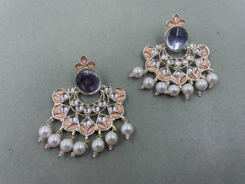 Gold Plated Peach Kundan Pearls Floral Jhumki Earrings 3