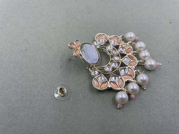 Gold Plated Peach Kundan Pearls Floral Jhumki Earrings 4