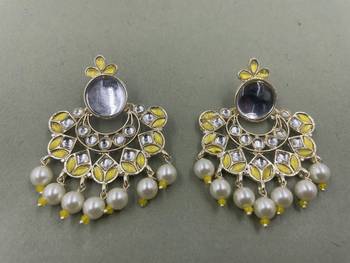 Gold Plated Yellow Kundan Pearls Floral Jhumki Earrings 1