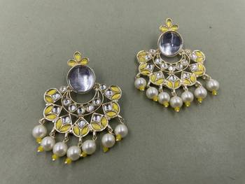 Gold Plated Yellow Kundan Pearls Floral Jhumki Earrings 2