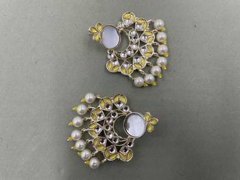 Gold Plated Yellow Kundan Pearls Floral Jhumki Earrings 3