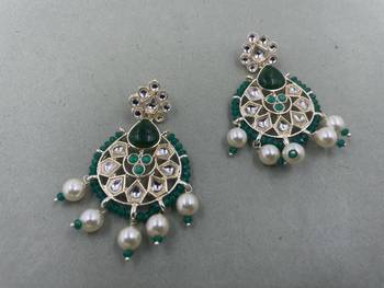 Gold Plated Floral Green Kundan Pearls Studded Jhumki Earrings 1