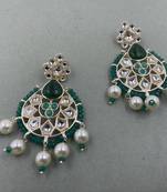 Gold Plated Floral Green Kundan Pearls Studded Jhumki Earrings