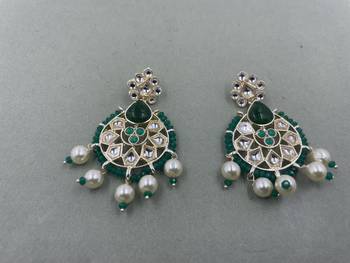 Gold Plated Floral Green Kundan Pearls Studded Jhumki Earrings 2