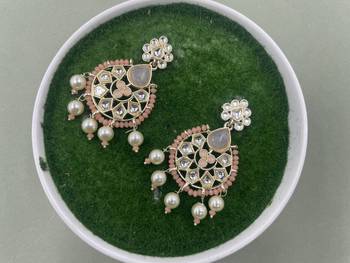 Gold Plated Floral Peach Kundan Pearls Studded Jhumki Earrings 1
