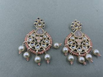 Gold Plated Floral Peach Kundan Pearls Studded Jhumki Earrings 2