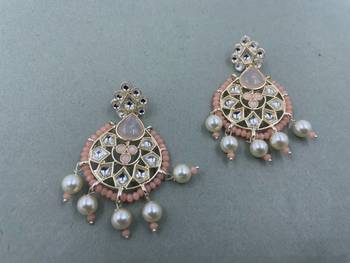 Gold Plated Floral Peach Kundan Pearls Studded Jhumki Earrings 3