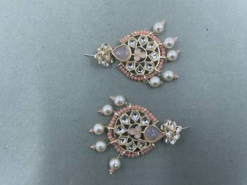 Gold Plated Floral Peach Kundan Pearls Studded Jhumki Earrings 4