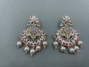 Gold Plated Floral Peach Kundan Pearls Studded Jhumki Earrings 1