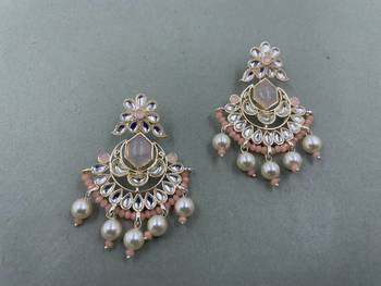 Gold Plated Floral Peach Kundan Pearls Studded Jhumki Earrings 2