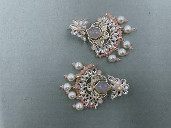 Gold Plated Floral Peach Kundan Pearls Studded Jhumki Earrings 3
