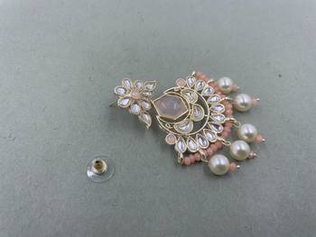 Gold Plated Floral Peach Kundan Pearls Studded Jhumki Earrings 4