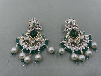 Gold Plated Floral Green Kundan Pearls Studded Jhumki Earrings 1