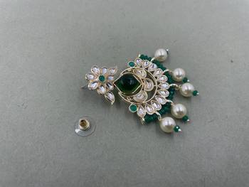 Gold Plated Floral Green Kundan Pearls Studded Jhumki Earrings 4